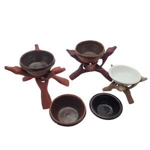 Carved Wooden Cobra Tripods Set of 3 with 5 Bowls Boho Altar Abalone Crystal